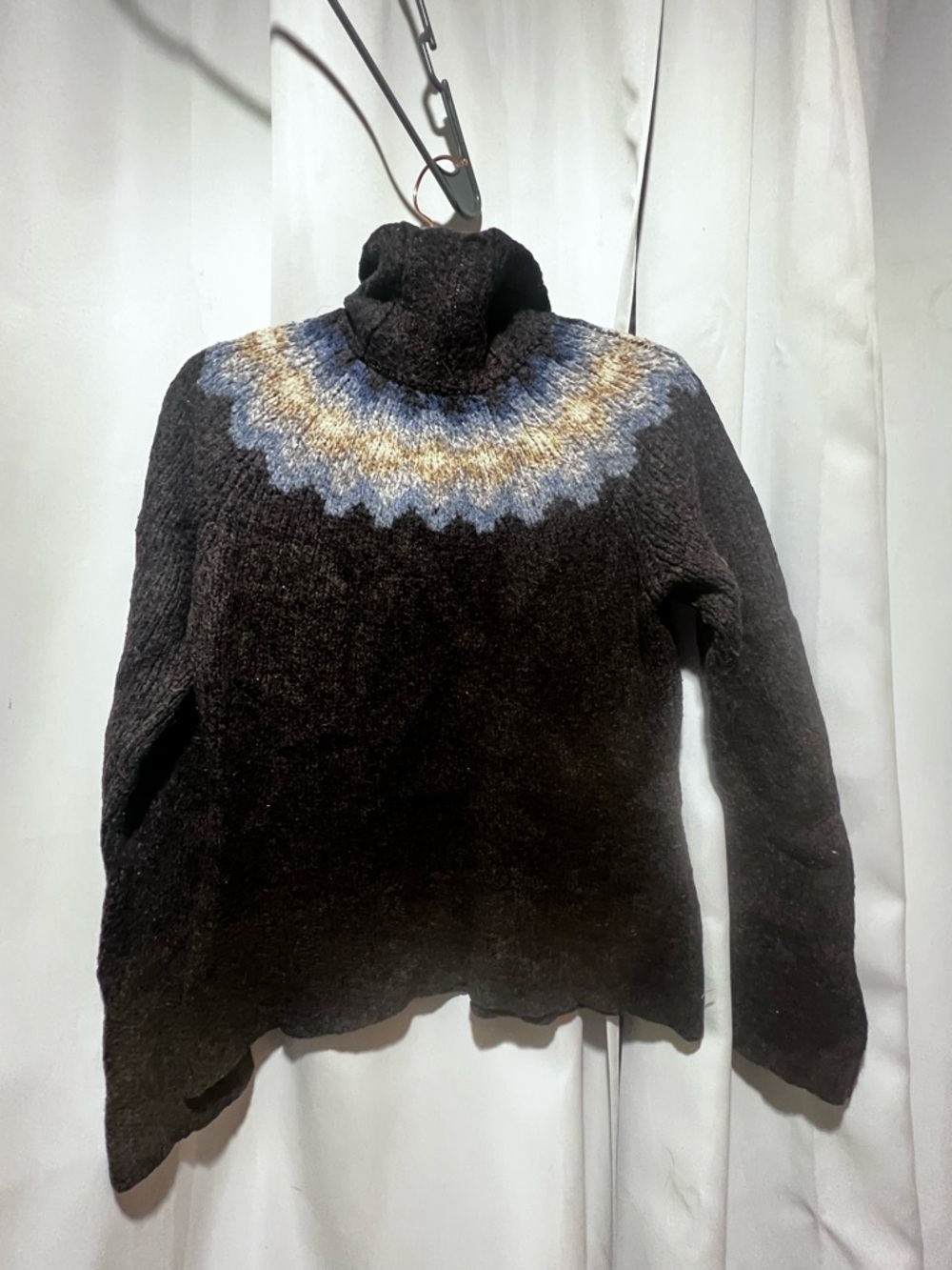 Garnet Hill Merino Wool Turtleneck Sweater Nordic Fair Isle Black Blue Womens M - Picture 4 of 5